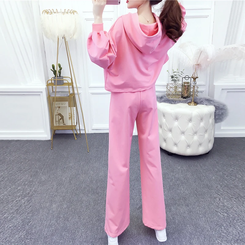 

Fall Spring Two Piece Tops and Pants Women Hooded Crop Top + Long Wide Leg Pant Set Suits Female 2 Piece Set Sweatsuit Tracksuit