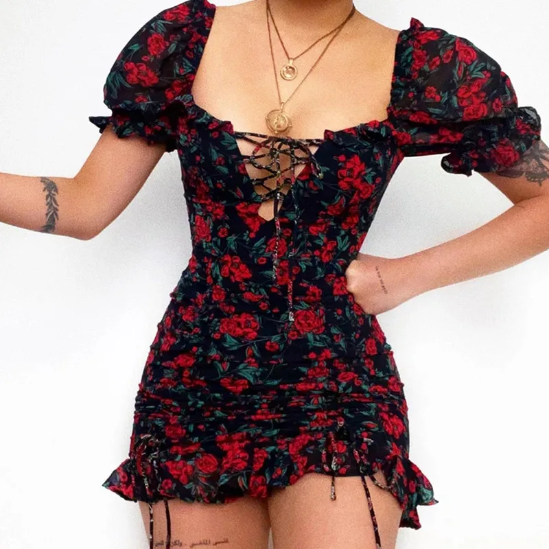 

Floral Print Dress for Party 2021 Sexy Women Mini Dress Sexy Short Puff Sleeve Cross Front Tie Up dress