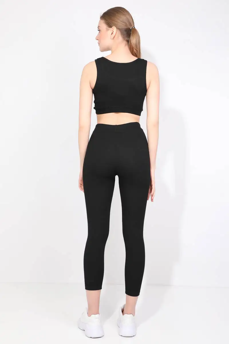 Womens Black Ribbed Sports Tights Set