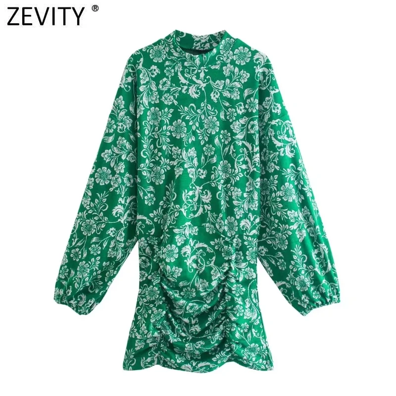 

Женское трикотажное платье ZEVITY, винтажное Плиссированное зеленое жаккардовое платье с рукавами-фонариками, воротником-стойкой, DS8948