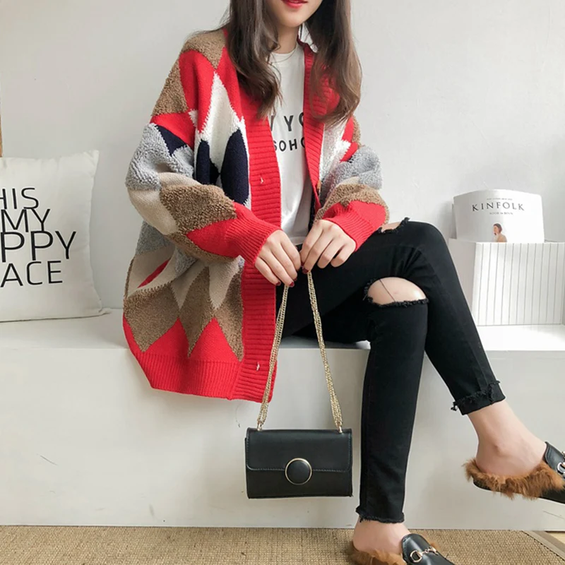 TIGENA Loose Plaid Long Cardigan Women 2020 Autumn Winter Sleeve Knitted Sweater Female Jacket |