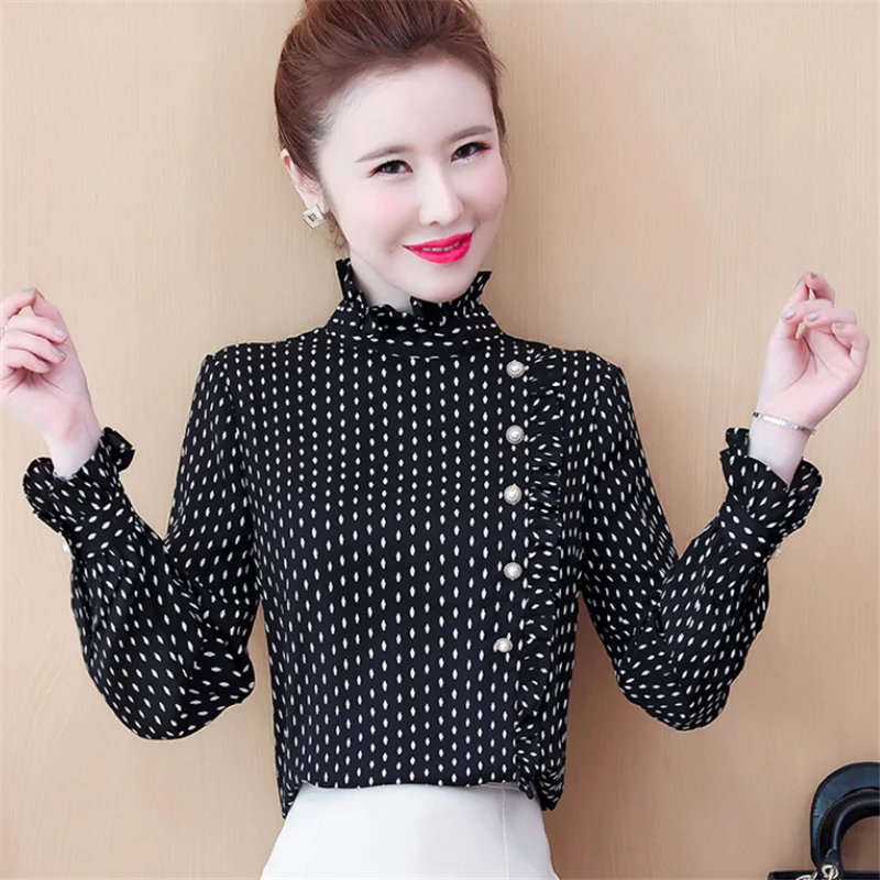 

Ladies' Tops 2021 Spring New Stand Collar Dot Puff Sleeve Button Decoration Black and White Casual Chiffon Shirt