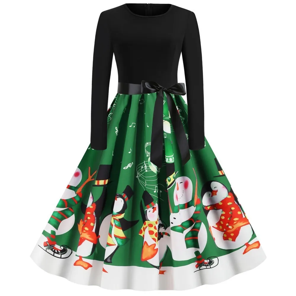 Plus Size Musical Notes Printed Christmas Dress Women Vintage Winter Casual Midi O Neck Party Dresses Long Sleeve Robe Vestidos | Женская