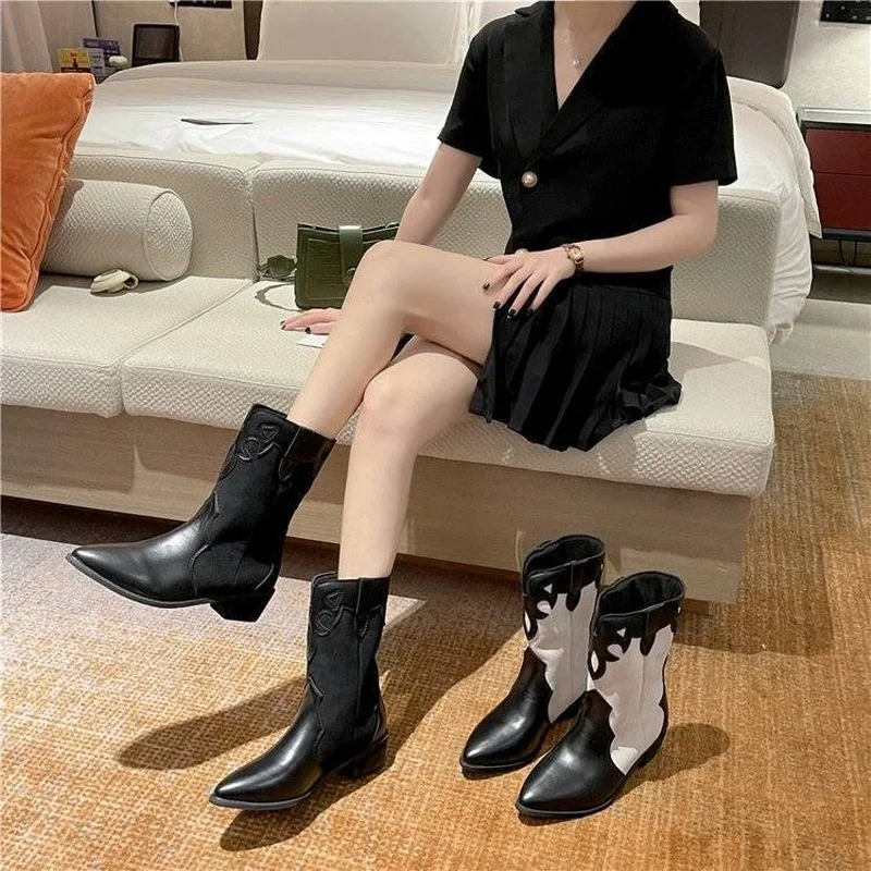 

Western Cowboy Boots Women 2021 Autumn New Fashion Pointed Retro Short Boots Thick Heel Mid-tube Knight Boots Cowboy Boots