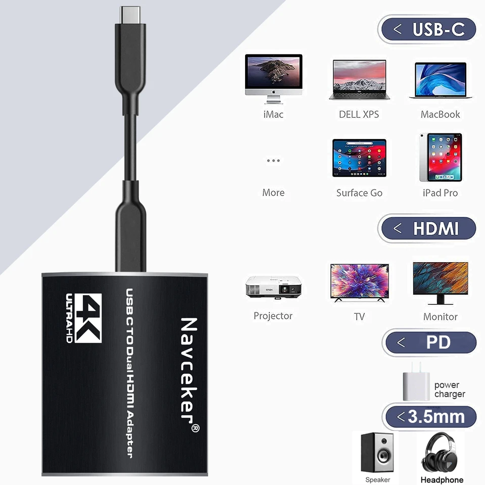 USB C к 2 HDMI Dual 4K отображает цифровой AV-адаптер для 2020-2016 MacBook Pro Mac Air/iPad Dell XPS 13/15 Surface 7/Go