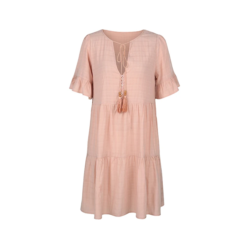 

2021 Women's Summer Solid Short Dresses Elegant High Waist Vestidos Femme V Neck Short Petal Sleeve a Line Casual Dress Ladies