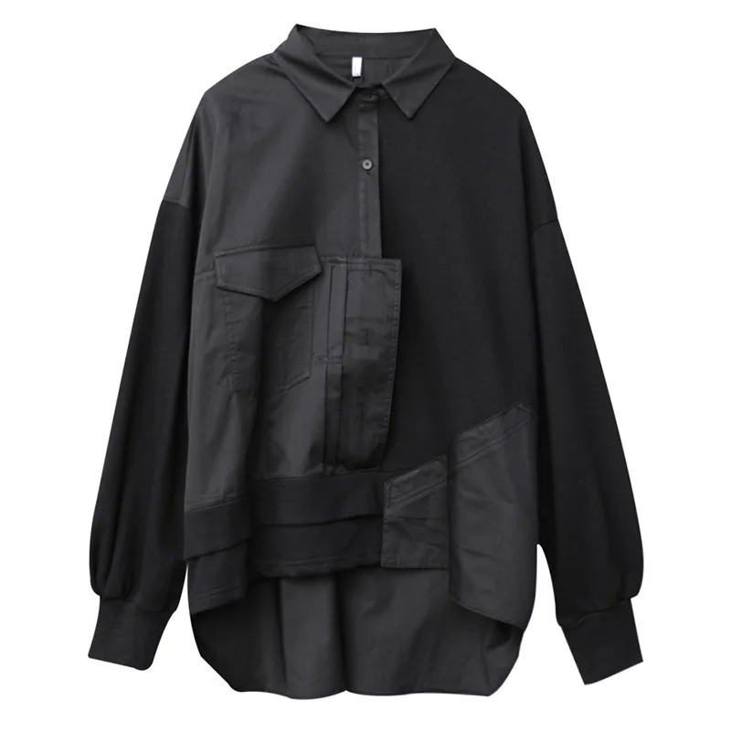 

[EAM] Black Irregular Spliced Loose Fit Sweatshirt New Lapel Long Sleeve Women Big Size Fashion Tide Spring Autumn 2021 1DD0569