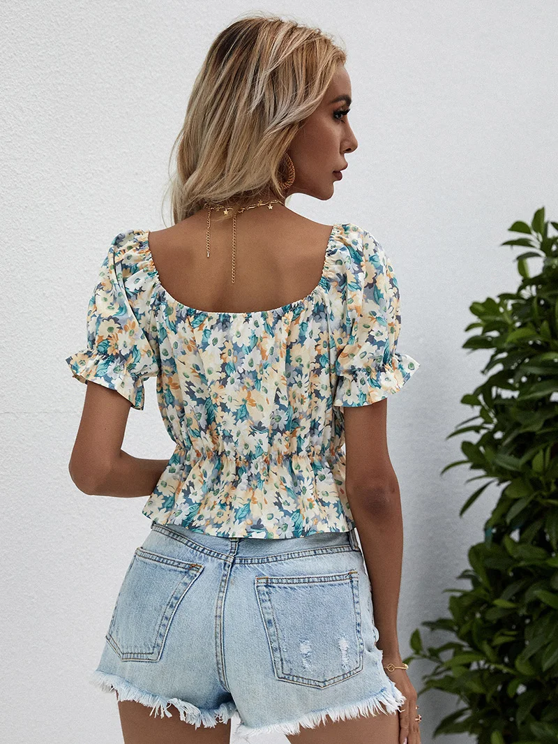 

ITOOLIN Women Slim Floral Printed Ruffle Chiffon Blouse Female Chic Square Collar Short Sleeve Crop Top Streetwear Casual Shirts