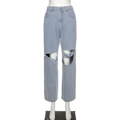 

New shot high-waisted product street wide-legged jeans with holes in summer 2021 women jeans