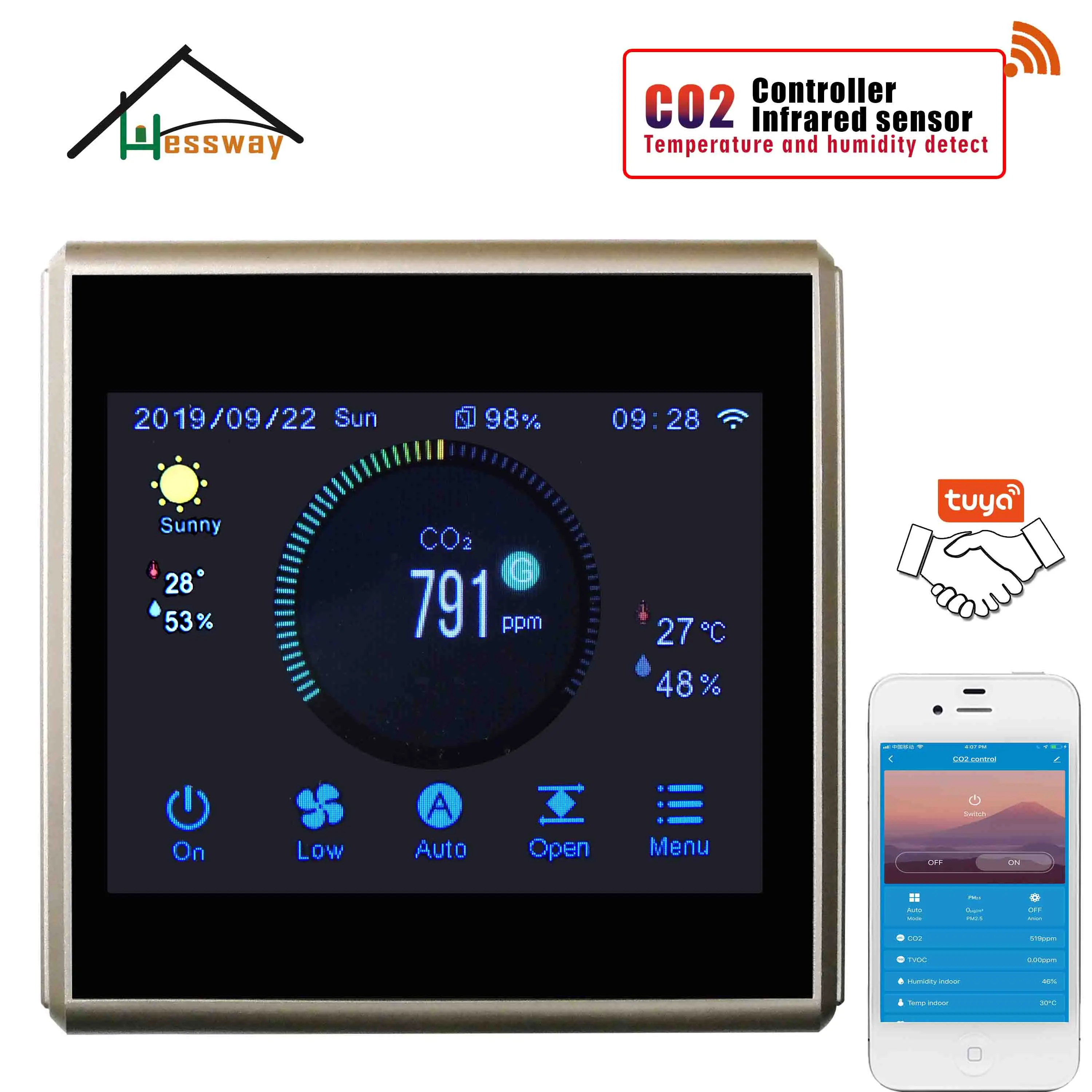 HESSWAY TUYA APP цветная Сенсорная технология Ndir CO2 Датчик WIFI для системы вентиляции