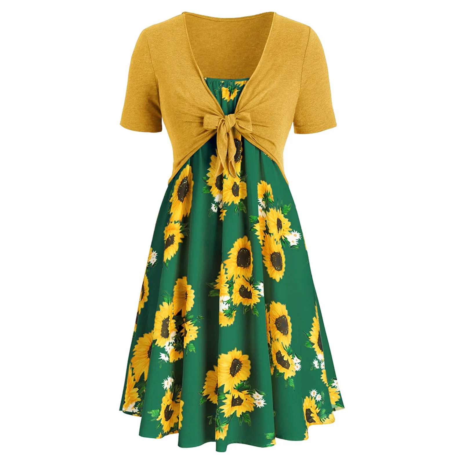 

Dress for girls 2021Women Bow Knot Bandage Top Sunflower Mini Dress Suit Dress Short sleeved bow tie blouse print dress