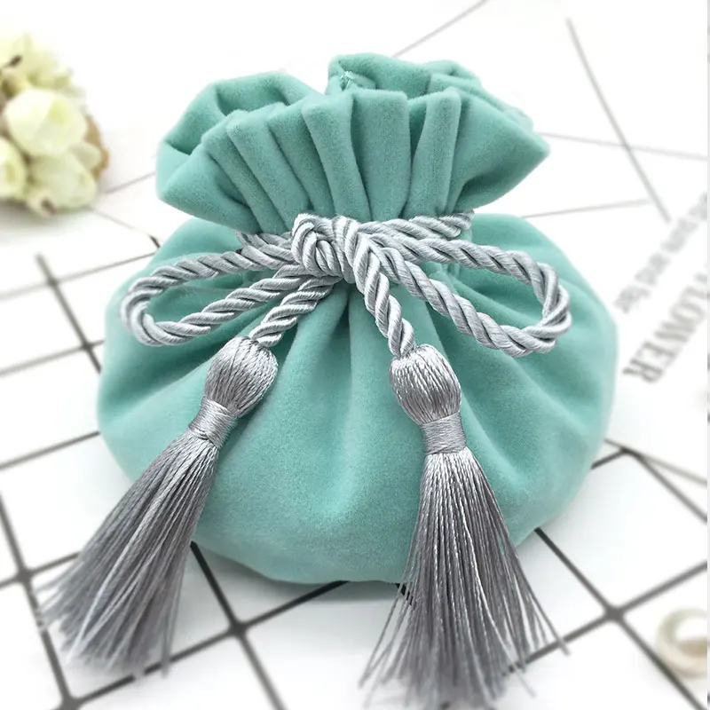 Green Gray Бархатная сумка с круглым дном и кисточкой, 12x17 см, винно-красная упаковка с завязкой, мешочек для ювелирных изделий, подарочная упаковка, сумка для свадьбы - Цвет: Green Gray