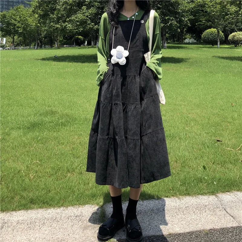 

Corduroy Suspender Skirt Japanese Style Suit Women's Retro Chic Autumn Dress Style to Ankle Dress Fashion
