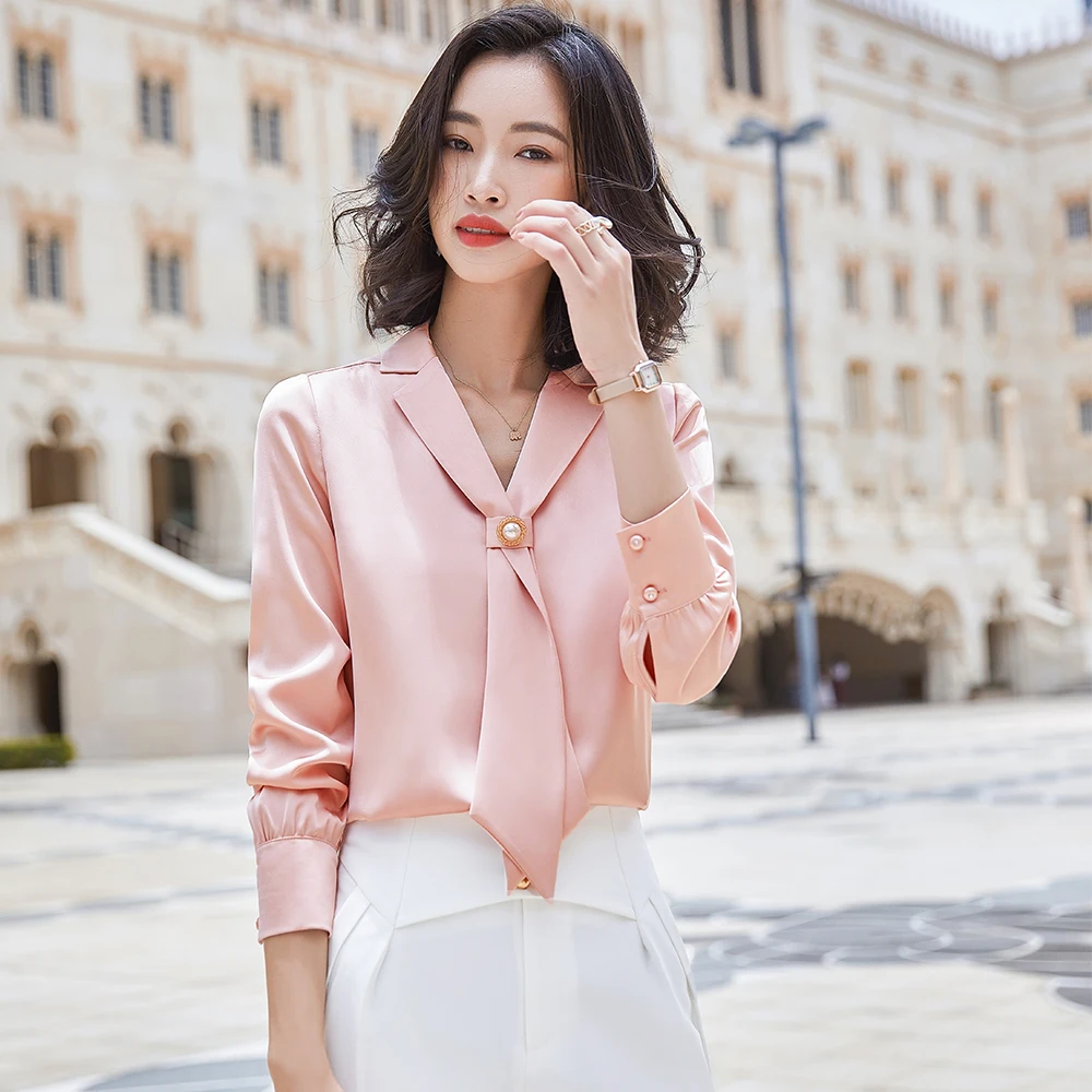 

OL Office Ladies Work Wear Yellow Pink White Green Formal Blouse Women High Quality Elegant Girl S-5XL Scarf Collar Shirt Tops