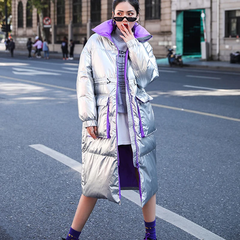 Женский зимний пуховик с воротником-хомутом серебристый и черный 90% | Женская