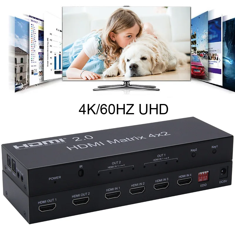 

4K 60Hz 2.0 HDMI Matrix 4x2 HDR Switch Splitter 4 In 2 Out YUV 4:4:4 Optical SPDIF 3.5mm Jack Audio Extractor EDID HDMI Switcher