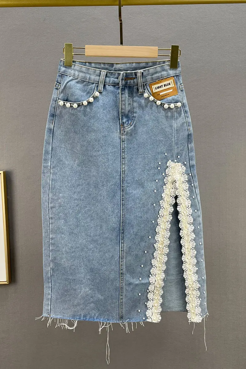 

European Style Denim Skirt Women's 2021 Summer New Slimming High Waist Skirts Fashion Bead Lace Stitching Skirt Feminine