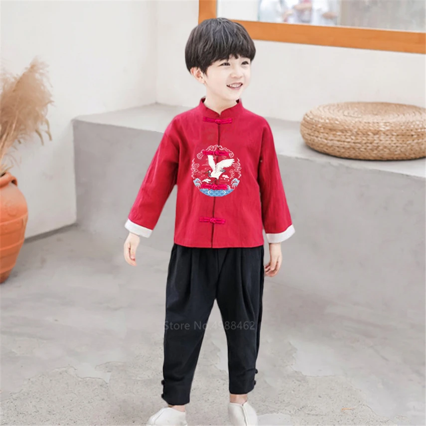 

Children Traditional Chinese Clothing for Kids Baby Boy Asian New Year Festival Crane Embroidery Tang Suit Set Hanfu Cotton Set