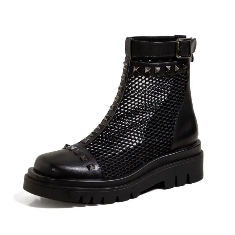 

Boots Genuine Leather Mesh Zipper Sandals Female Round Toe Square Mid Shoes Spring Summer Fashion Rivets Women Shoe Size 34-43