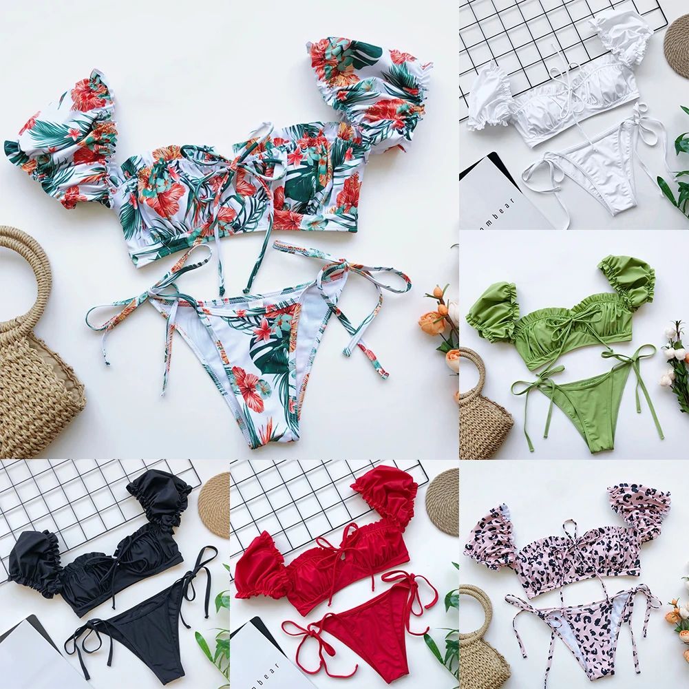 2020 женский цветочный купальник с открытыми плечами комплект бикини из двух