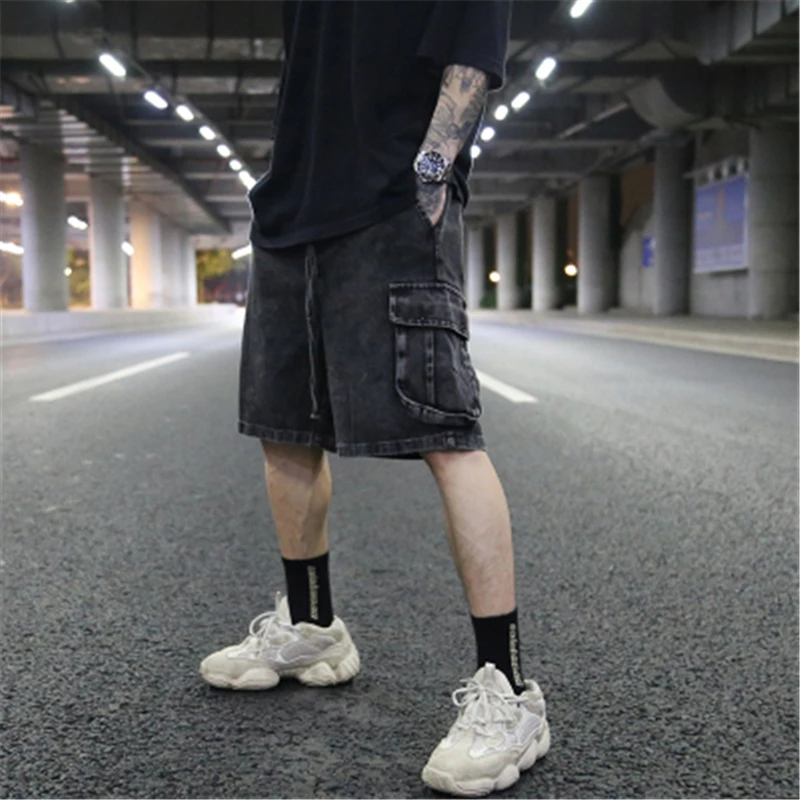

Oversize High Street Men Cotton Beach Shorts Jean Vintage Casual Pockets Elastic Waist Loose Outdoor Men Short Rap Hip Hop