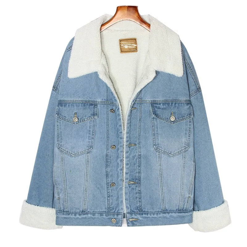 Для женщин 2019 зимние Повседневное размер джинсовая ягненка пальто