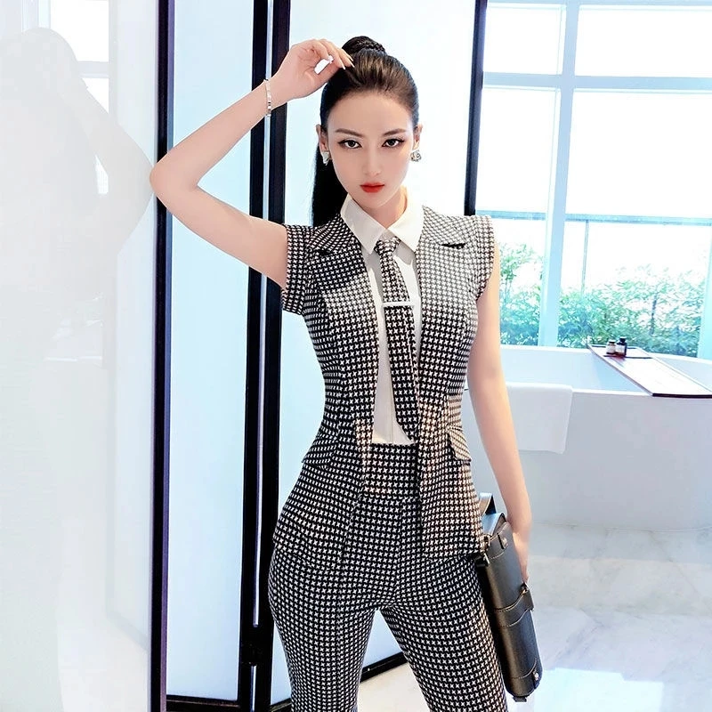 Women Two Pieces Sets 2022 Summer New Patchwork Shirt Tops with tie+Long Pencil Pant Trousers Office Lady 2 Suits |