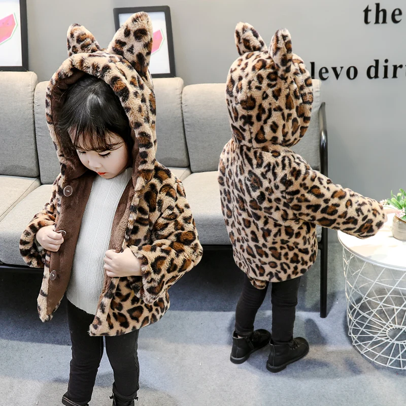 

Winter Children Jacket Coat Baby Kids Leopard Fluffy Faux Fur Warm Fleece Hooded Parkas Coats for Boys Girls Jacket Outerwear