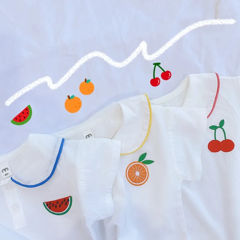 Летние Детские комплекты одежды с вышивкой фруктов футболка коротким рукавом и