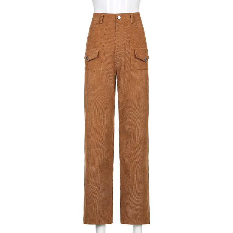 

New Arrival 2021 Night Club Sexy High Waist Corduroy Brown Solid Women Pants Summer Fashion High Street Stright Pants
