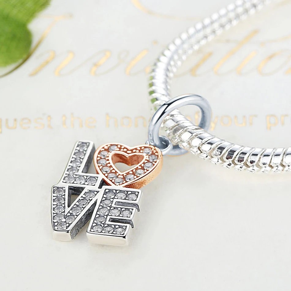 Love Letters Dangle Charm Fit Silver 925 Original Bracelet Rose Gold Crystal Heart Beads for Jewelry Making | Украшения и