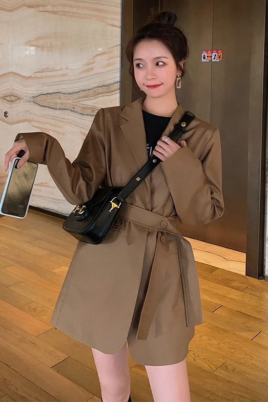 

Women Autumn New Solid Color Mid-long Suit Coat Outerwear Office Lady Elegant Chic Loose Casual Bandage Blazer Suit Jacket 2020