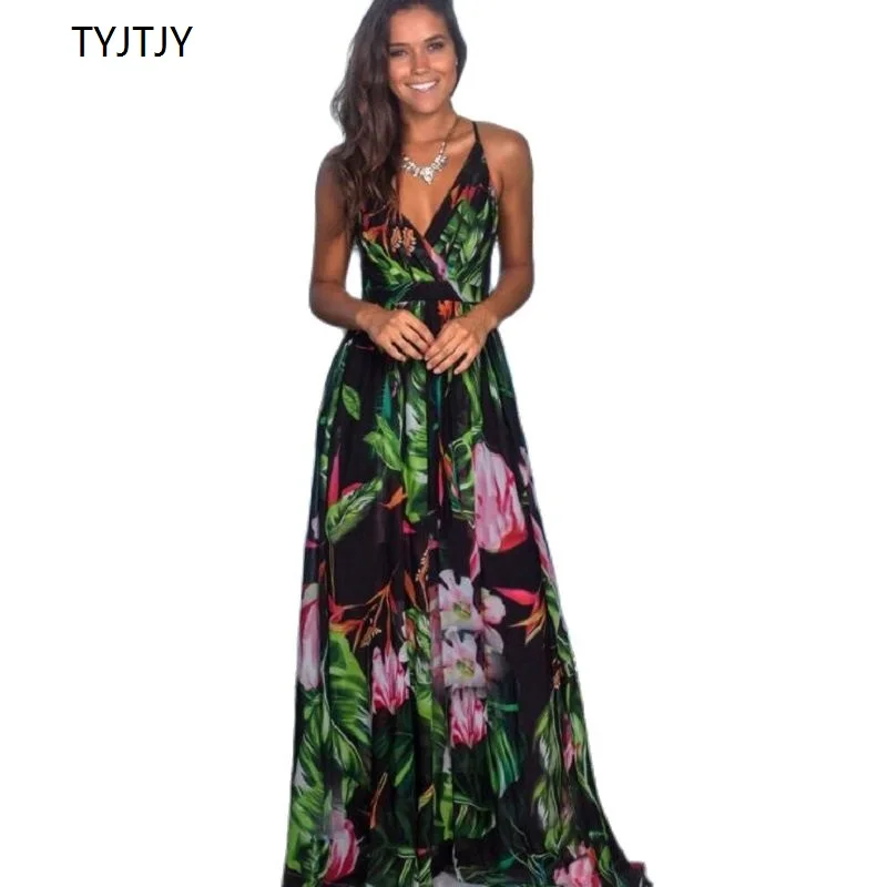 2021 Multicolor Tropical Jungle Leaf Boho Long Dress Sling Cross Back Women V neck Party Night Elegant Sexy Maxi Summer Dresses | Женская