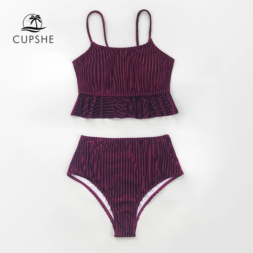 CUPSHE Одноцветный красный бархат с оборками высокая талия бикини наборы