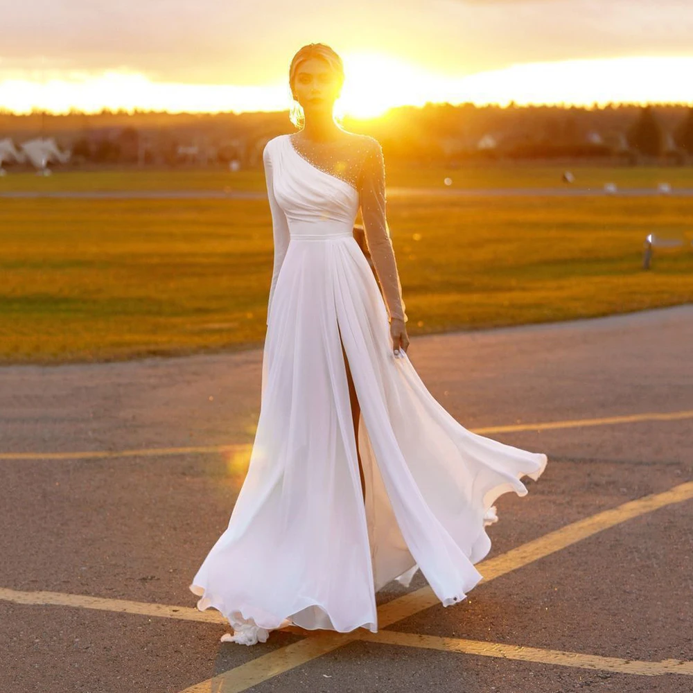 

UZN Elegant Wedding Dress 2021 A-Line Illusion Long Beading Sleeves Scoop Neck High Side Split Chiffon Bridal Gown Custom Made