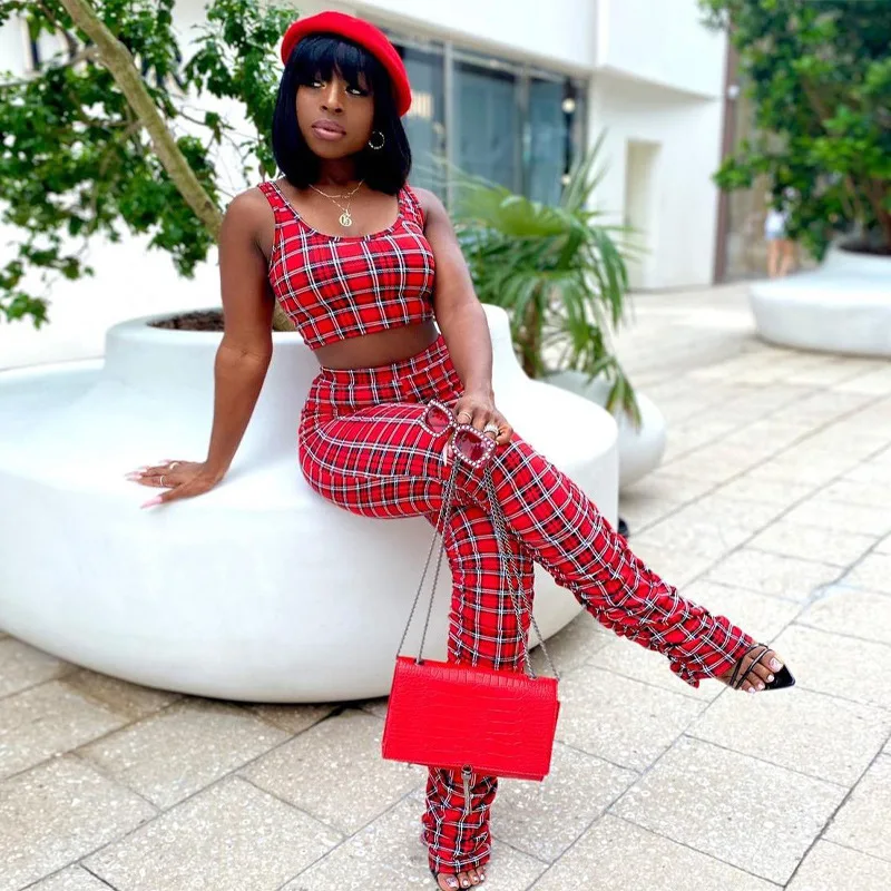 

Bola 2021 New Women's Sleeveless Plaid Vest Hip Lift Pleated Leggings Two-Piece Yoga Suit