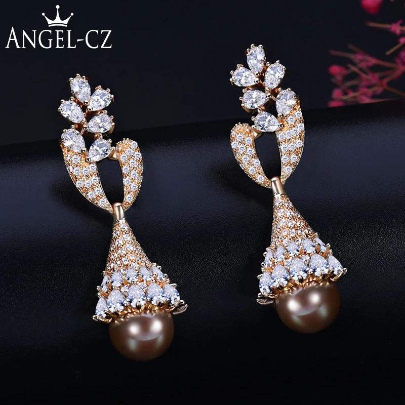 

ANGELCZ индийский Дубай золотой цвет Свадебный кубический цирконий длинный жемчуг Висячие серьги для женщин Свадебные темпераментные ювелирн...