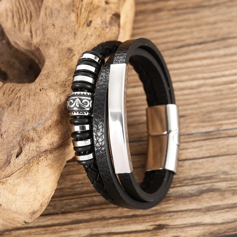 

Hot Selling Custom Stainless Steel Chakra Leather Bracelet Bangles With Charms for Men Black and BrownColor Accessories
