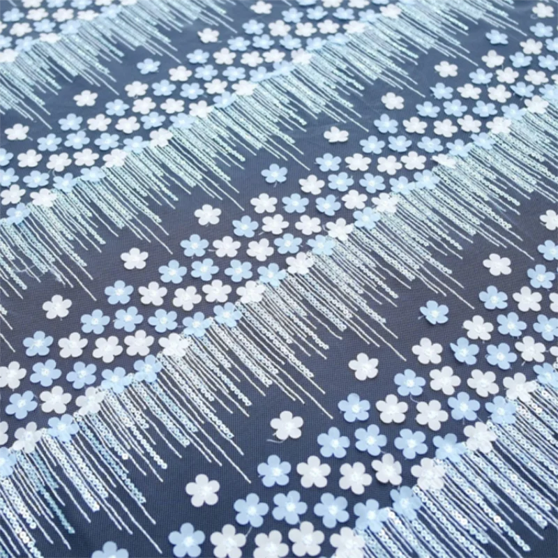 

zsbszc White and blue DIY plum 3D flowers fashion wedding dress fabric sequined lace embroidery fabric sequin lace fabric MF56
