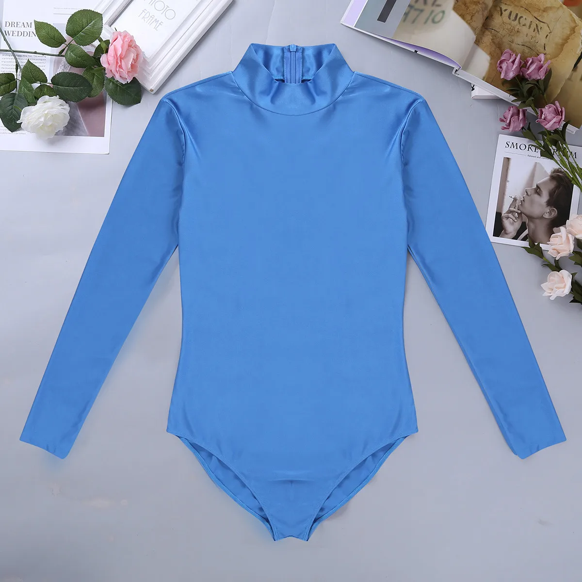 Mens One-piece Swimsuit Long Sleeve Stand Collar Stretch Solid Cosplay Costume Leotard Bodysuit Jumpsuit