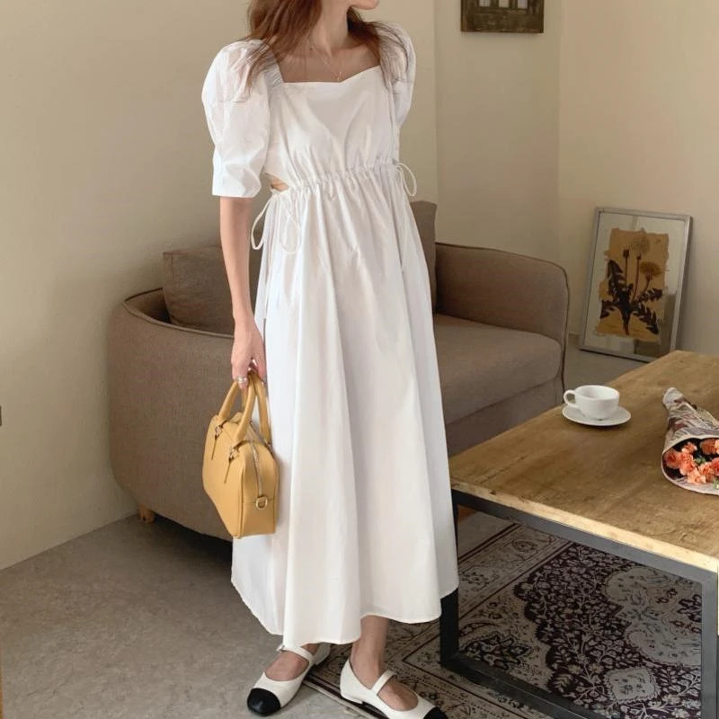

2021new Summer Vintage French Square Collar Loose Solid Elegant Prom Party Gentle Dress Long Women Vestidos