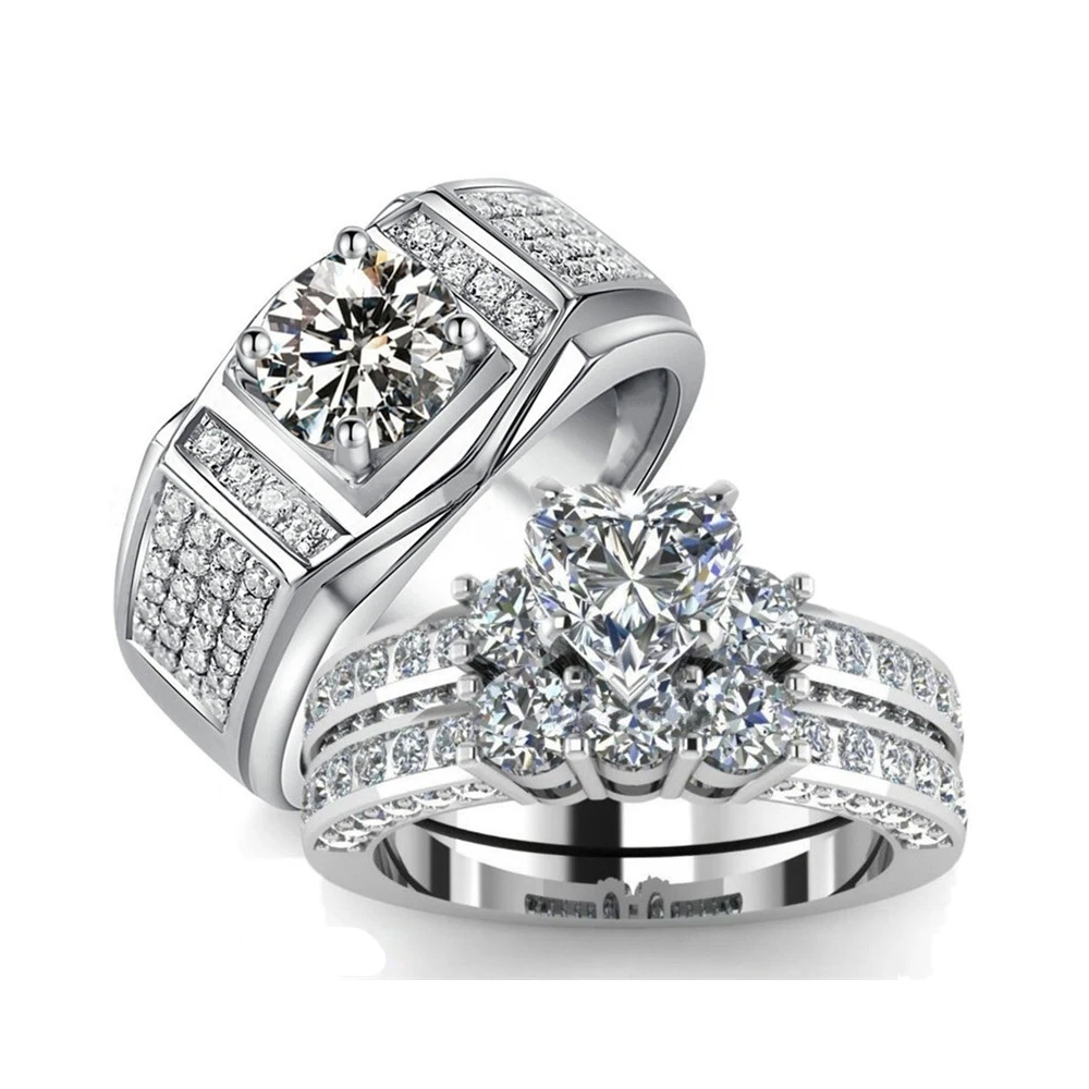 Роскошные сердце Форма с украшением в виде кристаллов Пара Кольца комплект