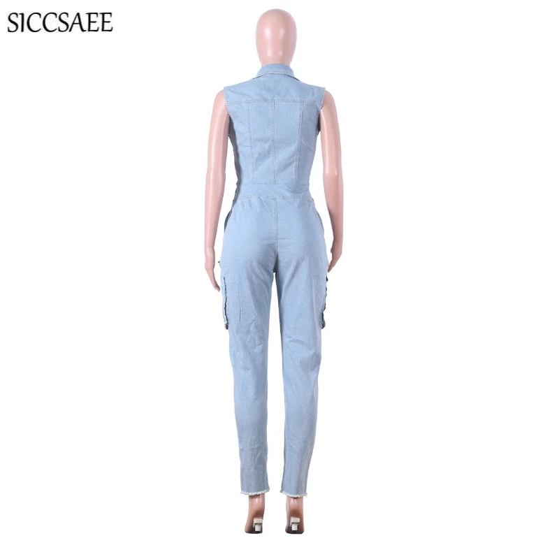 

Turn Down Collar Denim Jumpsuits For Women Zipper Front Sleeveless Ribbons Jeans Rompers Bodycon Bodysuit Water Washed Overalls