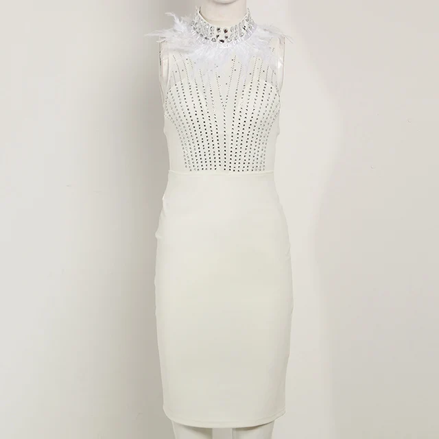 Новые летние Для женщин модные, пикантные эластичные Хлопковое платье Bodycon перспектива черное платье без рукавов с принтом кожаные бусины Клубные вечерние платья - Цвет: Белый