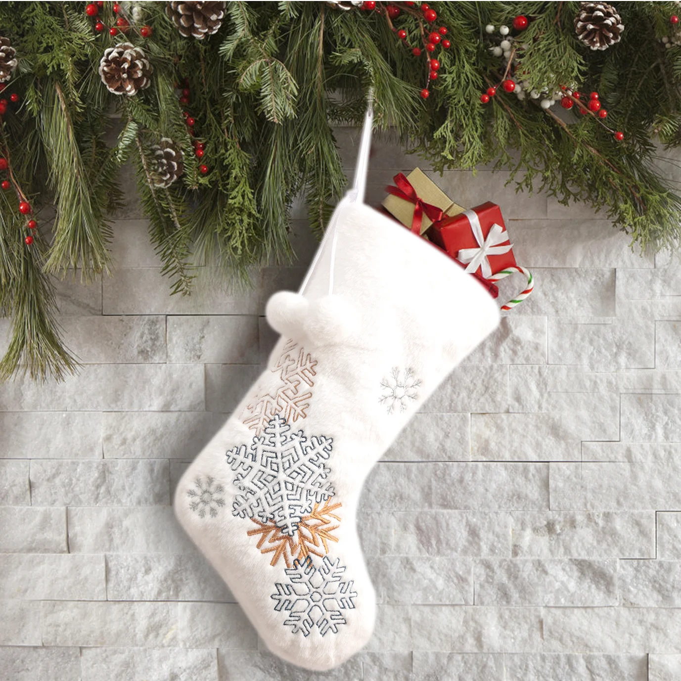 

Christmas Ornament Decoration,46cm Embroidery Christmas Tree Snowflake Plush Socks,Children's New Year Christmas Socks Candy Bag