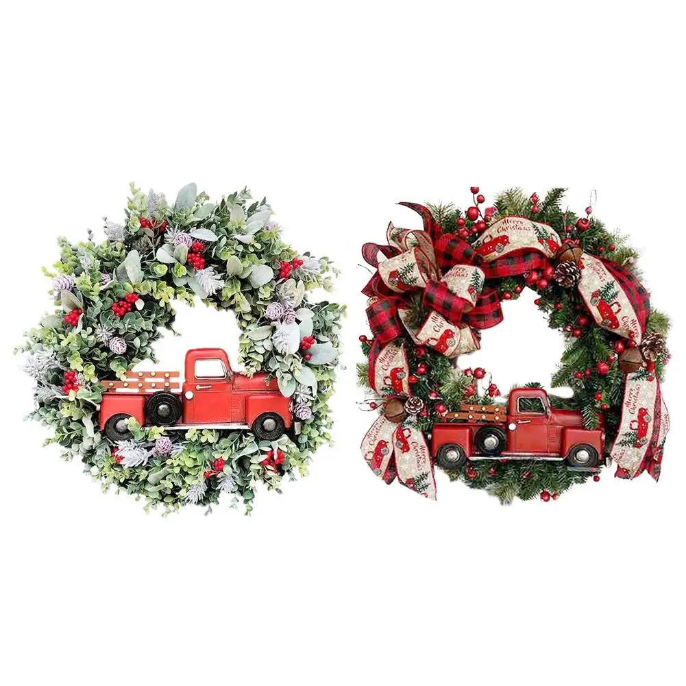 

Red Truck Christmas Wreath Vintage Farmhouse Wreath With Pine Cones Red Berries Green Eucalyptus Branches And Red Truck Fa
