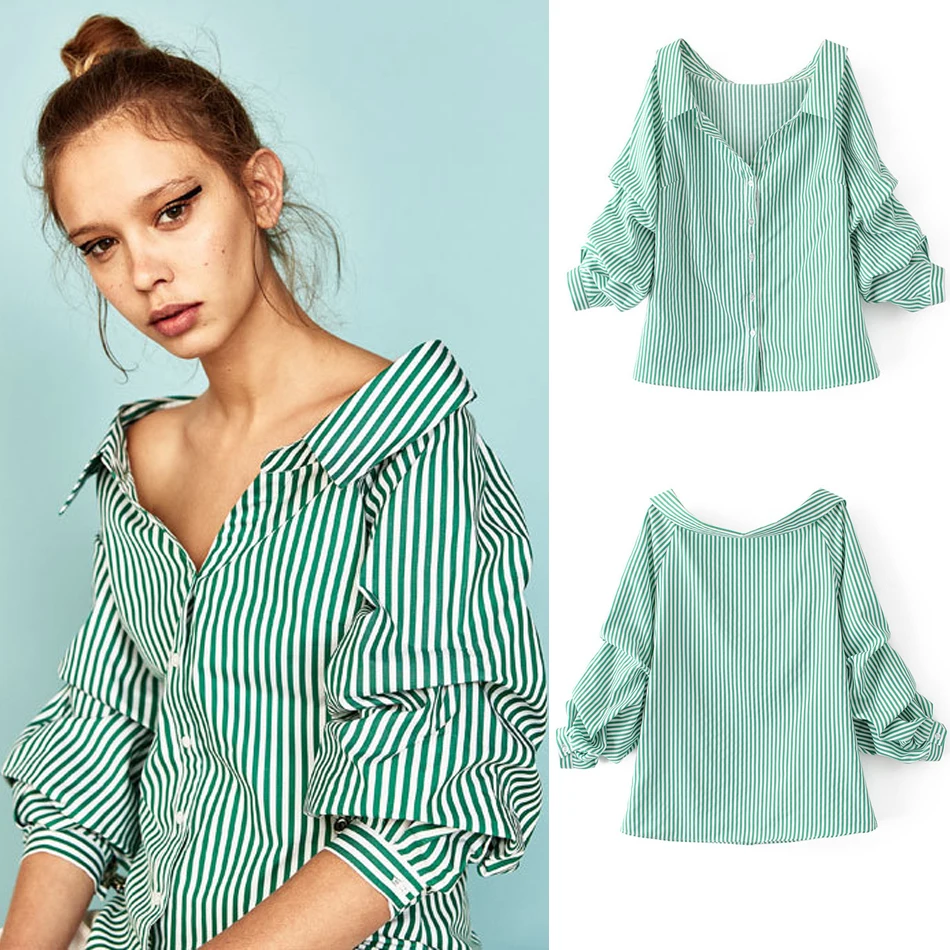

Women Shirts Chic One-word neckline sexy off-the-shoulder Stripe Blouse Autumn Ladies Button Long Sleeve Shirt Blouse