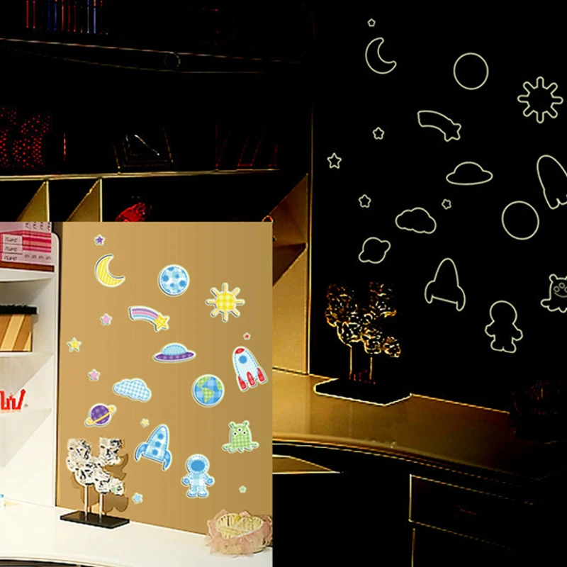 

Cute Childlike Luminous Post Paper Rocket Planet Animal Alphabet Girl Cartoon Wall Sticker Decoration Glowing wallpaper