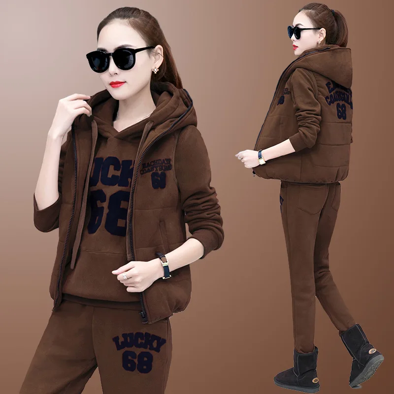 68 khaki Женский спортивный костюм, спортивная одежда, зимняя флисовая плотная куртка, свитер, толстовка+ жилет+ штаны, для бега, бега, отдыха, спортивный теплый костюм - Цвет: 68 khaki