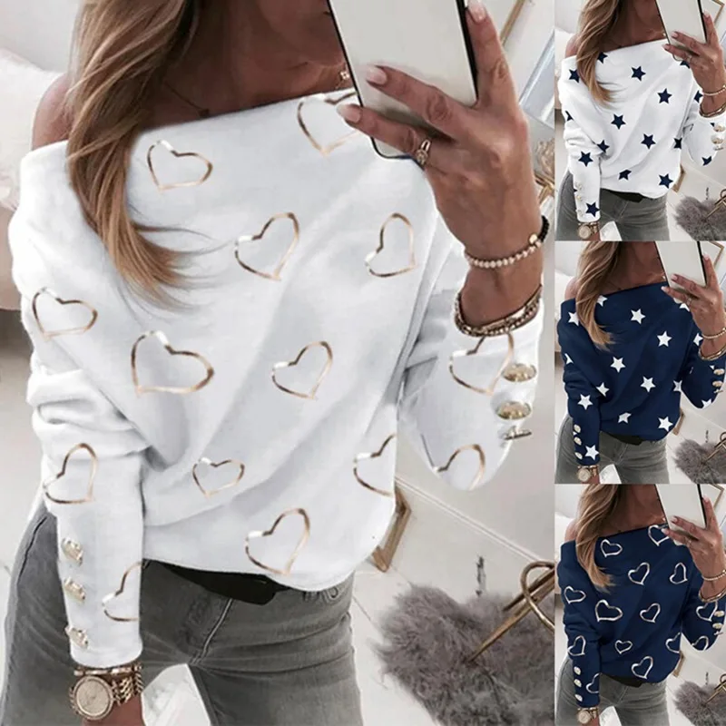 

Блузка женская с косым воротником и длинным рукавом, пикантный Повседневный свитшот с открытыми плечами и принтом звезд, пуловер, уличная о...